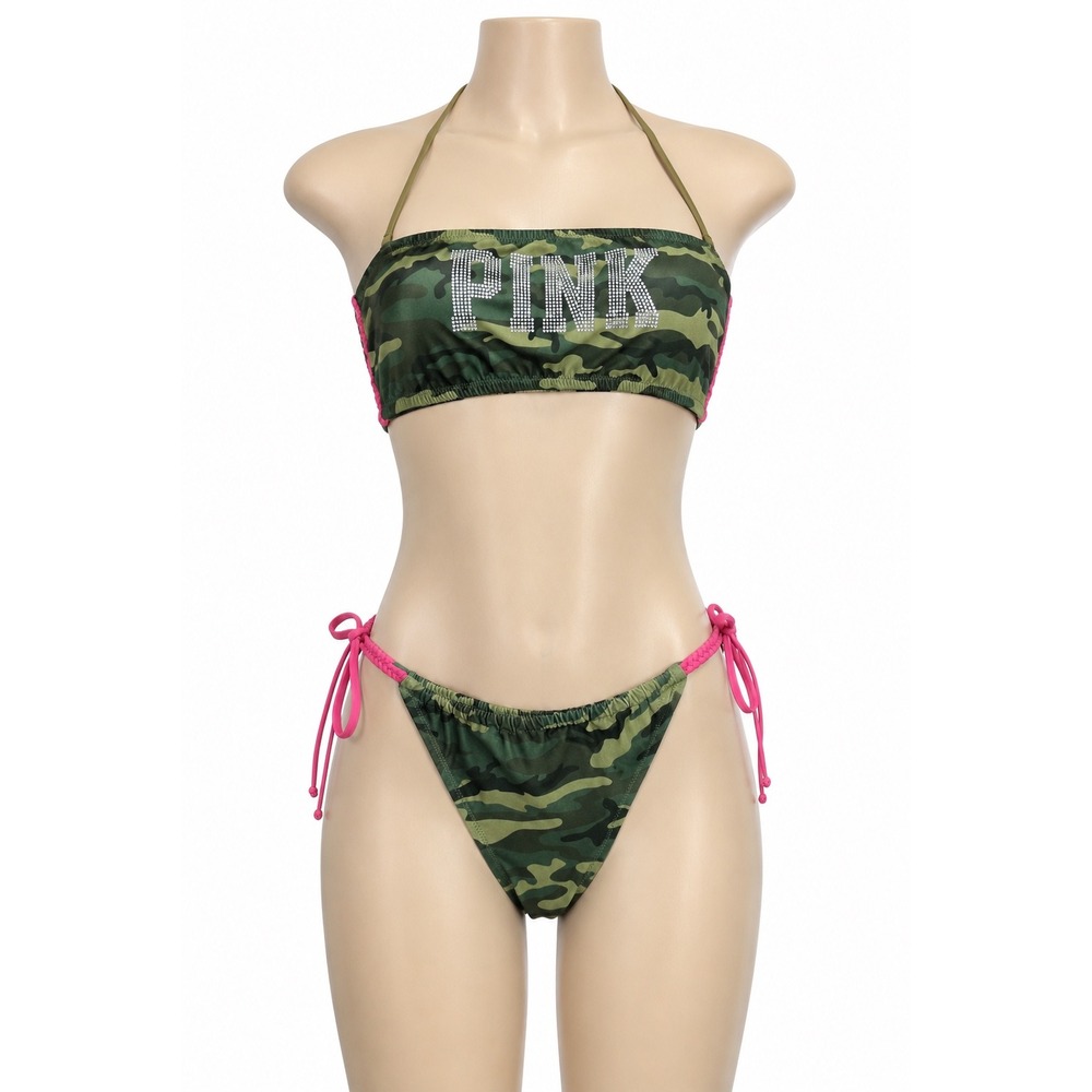 NWT‎ Victoria's Secret PINK Camo Rhinestone Bandeau Bikini Set Green Pink Medium